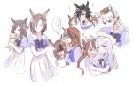  &gt;_&lt; 6+girls :d ^_^ agnes_tachyon_(umamusume) air_groove_(umamusume) air_shakur_(umamusume) animal animal_ears black_hair brown_hair closed_eyes clover_hair_ornament ear_bow elbow_on_another&#039;s_head fine_motion_(umamusume) flying_sweatdrops gold_ship_(umamusume) hair_ornament hand_on_own_cheek hand_on_own_face hat heart hidden_face holding holding_animal horse_ears mejiro_dober_(umamusume) mejiro_mcqueen_(umamusume) multicolored_hair multiple_girls multiple_views open_mouth profile red_eyes romi_(346_ura) school_uniform shaded_face silver_hair simple_background skirt smile streaked_hair symboli_rudolf_(umamusume) tokai_teio_(umamusume) tracen_school_uniform translation_request turn_pale umamusume violet_eyes white_background white_skirt 