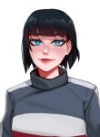  1girl absurdres bangs black_hair blue_eyes blunt_bangs commission highres lips looking_at_viewer qt0ri real_life short_hair smile solo suzi_hunter upper_body 