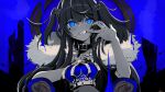  +_+ .live 1girl absurdres bangs barbed_wire black_collar black_nails blue_background blue_eyes blue_theme chair coat collar crown crown_removed eyebrows_visible_through_hair finger_to_mouth fur-trimmed_coat fur_trim grin highres holding holding_crown kakyouin_chieri king_(vocaloid) long_hair looking_at_viewer nail_polish smile solo teeth throne two_side_up user_jhhp7477 virtual_youtuber 