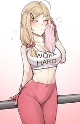  1girl ahoge breasts closed_eyes clothes_writing crop_top english_text fingerless_gloves gloves hair_ornament hairclip highres k0ng light_brown_hair long_hair medium_breasts midriff red_gloves red_legwear shirt skin_tight solo spandex sportswear sweat white_shirt wiping_sweat 