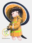  1girl ^_^ black_hair brown_hair closed_eyes commentary_request cropped_legs dog_tail facing_viewer grey_background grin highres holding holding_umbrella hood hood_down hooded_jacket jacket kuro_kosyou long_sleeves multicolored_hair oil-paper_umbrella orange_jacket orange_umbrella original short_eyebrows simple_background smile solo tail thick_eyebrows twintails two-handed two-tone_hair umbrella 