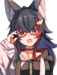  1girl :3 :d absurdres adjusting_eyewear animal_ear_fluff animal_ears bangs black_choker black_hair black_hoodie breasts choker flipped_hair glasses hair_between_eyes highlights highres hololive hood hood_down hoodie inre_kemomimi large_breasts long_hair looking_at_viewer multicolored_hair ookami_mio open_mouth red-framed_eyewear redhead semi-rimless_eyewear sleeves_past_wrists smile solo two-tone_hoodie very_long_hair virtual_youtuber white_hoodie wolf_ears yellow_eyes 