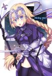  1girl armor banner blonde_hair blue_eyes braid breasts chain commentary_request english_text fate/apocrypha fate/grand_order fate_(series) flag gauntlets headpiece jeanne_d&#039;arc_(fate) jeanne_d&#039;arc_(fate)_(all) kaito_(collect_mania) long_braid medium_breasts open_mouth single_braid solo 