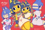  1girl :&lt; absurdres animal_crossing animal_ears ankha_(animal_crossing) bandages barefoot black_eyes black_hair blonde_hair bob_cut cat_ears cat_tail character_name closed_eyes closed_mouth dress egyptian egyptian_clothes furry hair_ornament highres rariatto_(ganguri) red_background short_hair short_sleeves simple_background sitting sleeveless sleeveless_dress snake_hair_ornament sparkle striped_tail tail twitter_username 