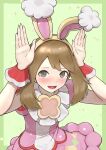  1girl animal_ears arms_up bangs blush brown_hair bunny_pose commentary_request easter eyelashes fake_animal_ears green_background grey_eyes hairband highres long_hair looking_at_viewer may_(pokemon) open_mouth pokemon pokemon_(game) pokemon_masters_ex purple_skirt rabbit_ears red_wrist_cuffs short_sleeves shun_(aptx4869-shellingford) skirt smile solo tongue wrist_cuffs yellow_hairband 