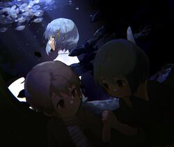  blue_eyes blue_hair cape fish hair_ornament highres holding_hands kamijou_kyousuke looking_back mahou_shoujo_madoka_magica miki_sayaka short_hair time_paradox un_nm5sy underwater younger 