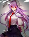  1girl animal_ears black_skirt breasts commentary_request cowboy_shot crescent fuuga_(perv_rsity) glowing glowing_eyes grey_background highres long_hair medium_breasts necktie purple_hair rabbit_ears rabbit_girl red_eyes red_neckwear reisen_udongein_inaba ringed_eyes shirt short_sleeves skirt solo tie_clip touhou white_shirt 
