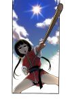  1girl black_hair blue_sky brown_eyes chinese_clothes clouds cyrano fighting_stance from_below hair_bobbles hair_ornament highres holding holding_polearm holding_weapon long_hair low_twintails open_mouth original outside_border polearm sky solo sun twintails weapon wide_sleeves 