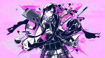  1girl black_dress black_hair character_request dress flower hair_flower hair_ornament highres long_hair looking_at_viewer nou_(nounknown) open_mouth pink_background pink_flower pink_theme solo symbol-shaped_pupils venom_(vocaloid) violet_eyes wagakki_band x-shaped_pupils 