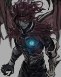  1boy armor chest_jewel clawed_gauntlets claws demon demon_wings final_fantasy final_fantasy_vii glowing glowing_eyes grey_background looking_ahead materia pale_skin rapio scar scar_on_face torn_clothes vincent_valentine wings yellow_eyes 