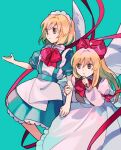  2girls apron aqua_background arm_at_side arm_ribbon bangs blonde_hair blue_dress bow bowtie brown_eyes closed_mouth commentary dress feathered_wings frilled_apron frills gengetsu_(touhou) hair_bow hand_on_own_chin hands_up highres holding_another&#039;s_arm juliet_sleeves kaigen_1025 long_hair long_sleeves maid_headdress mugetsu_(touhou) multiple_girls open_mouth puffy_short_sleeves puffy_sleeves red_bow red_ribbon ribbon short_hair short_sleeves sidelocks smile touhou touhou_(pc-98) white_dress white_wings wings 