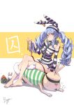  1girl 1other absurdres animal_ears arm_support ball_and_chain_restraint bare_legs bdsm blindfold blue_hair blush braid breasts carrot chain chen_yang_yang commentary_request crossed_legs cuffs don-chan_(usada_pekora) full_body hand_up heavy_breathing highres holding holding_leash hololive leash legs long_hair long_sleeves multicolored_hair nail_polish no_pants off_shoulder orange_eyes oversized_clothes oversized_shirt prison prison_clothes rabbit_ears rabbit_girl shackles shirt short_eyebrows sitting sitting_on_person small_breasts speech_bubble striped striped_background striped_headwear striped_shirt sweat sweatdrop thick_eyebrows toenail_polish translation_request twin_braids twintails two-tone_hair usada_pekora virtual_youtuber white_background white_hair 