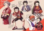  2boys bike_shorts brown_hair chopsticks collared_shirt commentary_request dark_skin dark_skinned_male dynamax_band earrings eye_contact gen_1_pokemon gloves gym_leader holding holding_chopsticks holding_pokemon holding_strap jewelry kabu_(pokemon) looking_at_another male_focus multicolored_hair multiple_boys nitaimoimo orange_headwear pokemon pokemon_(creature) pokemon_(game) pokemon_swsh raihan_(pokemon) red_sweater shirt shoes short_sleeves single_glove squatting sweater towel towel_around_neck translation_request two-tone_hair vulpix white_sweater younger 