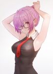 1girl alternate_hairstyle armpits arms_up black-framed_eyewear black_dress blush breasts closed_mouth collared_dress commentary cp_(tlstjdghek) dress english_commentary fate/grand_order fate_(series) glasses hair_bun highres looking_at_viewer mash_kyrielight medium_breasts necktie purple_hair red_neckwear short_hair simple_background sleeveless sleeveless_dress solo tying_hair upper_body violet_eyes white_background 