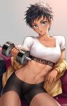  bangs bike_shorts black_hair black_shorts blue_eyes blush breasts clothes_writing collarbone cowboy_shot crop_top earrings fingernails groin hand_up highres holding hua-j jacket jacket_pull jewelry looking_at_viewer medium_breasts midriff mole mole_under_mouth navel one-punch_man open_clothes open_jacket open_mouth sbs shirt short_hair short_sleeves shorts sitting spiky_hair star_(symbol) star_earrings stud_earrings suiko_(one-punch_man) toned very_short_hair weightlifting weights white_shirt yellow_jacket 