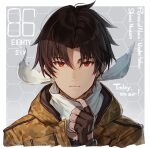  1boy 86_-eightysix- brown_hair camouflage_print copyright_name english_text fingerless_gloves gloves military military_uniform red_eyes scarf shinei_nouzen shirabi solo uniform 