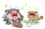  1girl beamed_eighth_notes big_mouth black_hair blue_hair chibi criis-chan cropped_torso dangan_ronpa_(series) dangan_ronpa_2:_goodbye_despair ear_piercing eighth_note english_commentary guitar hair_horns holding instrument kermit_the_frog long_hair mioda_ibuki multicolored_hair muppets musical_note open_mouth piercing pink_hair polo_shirt shirt solo tongue twitter_username two-tone_hair white_hair white_shirt 