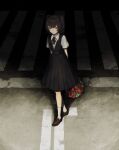  1girl black_dress black_hair brown_footwear collared_shirt dark dress flower full_body highres looking_at_viewer nanaju_ko original pleated_dress red_eyes red_flower ribbon shirt shoes short_hair short_sleeves smile socks solo standing white_legwear white_shirt 