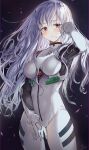  1girl alternate_hair_length alternate_hairstyle ayanami_rei blush breasts closed_mouth commentary_request evangelion:_3.0+1.0_thrice_upon_a_time hand_up highres long_hair looking_at_viewer medium_breasts neon_genesis_evangelion plugsuit rebuild_of_evangelion red_eyes saya_(mychristian2) solo standing white_hair 