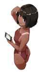  absurdres adjusting_hair bangs black_eyes black_hair bob_cut cellphone collarbone competition_swimsuit cropped_legs dark_skin dark-skinned_female from_above hand_on_own_head highres holding holding_phone looking_at_viewer looking_to_the_side looking_up one-piece_swimsuit original phone red_swimsuit sametogoreijou short_hair simple_background smartphone smile swimsuit tan tanline tanline_peek white_background 
