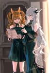  2girls :d angelina_(arknights) animal_ear_fluff animal_ears arknights bangs barefoot black_dress black_legwear black_neckwear black_ribbon blurry blurry_background breasts brown_eyes brown_hair closed_mouth collared_shirt depth_of_field detached_sleeves dress eyebrows_visible_through_hair feet_out_of_frame fox_ears hair_between_eyes highres holding horns kneehighs long_hair long_sleeves medium_breasts multiple_girls neck_ribbon off-shoulder_dress off_shoulder open_mouth pointy_ears red_eyes ribbon sheet_music shining_(arknights) shirt sidelocks signature silver_hair smile standing sutoa twintails very_long_hair 