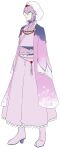  androgynous arms_at_sides asrbpy boots earrings espeon full_body gen_2_pokemon hair_between_eyes hair_ornament highres japanese_clothes jewelry kimono long_sleeves personification pink_eyes pink_hair pokemon short_hair simple_background white_headwear wide_sleeves 