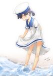  1girl absurdres artist_name black_hair blue_sailor_collar closed_eyes dated dress fyuo hat hiburi_(kancolle) highres kantai_collection low_ponytail sailor_collar sailor_dress sailor_hat short_hair short_sleeves simple_background skirt_hold soaking_feet solo standing water white_background white_dress 