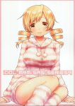  1girl absurdres blonde_hair border closed_mouth drill_hair fingernails highres jacket kazabuki_poni long_sleeves looking_at_viewer low_twintails mahou_shoujo_madoka_magica outside_border pink_border pink_jacket pink_legwear pink_nails scan simple_background sitting smile socks solo striped striped_jacket striped_legwear sweater_jacket tomoe_mami twin_drills twintails white_background yellow_eyes 