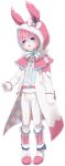  1boy :o androgynous animal_hood asrbpy blue_eyes boots bow gem gen_6_pokemon hair_between_eyes highres hood long_sleeves looking_at_viewer pants personification pink_footwear pink_hair pokemon short_hair sleeves_past_wrists sylveon white_bow white_pants 