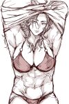  1girl absurdres bra breasts dorohedoro earrings eyebrows_visible_through_hair highres jewelry large_breasts long_hair looking_at_viewer muscular muscular_female navel noi_(dorohedoro) panties red_eyes sanso_74 simple_background solo underwear underwear_only 