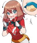  +++ 1girl arrow_(symbol) bangs blush breasts brown_hair collared_shirt commentary_request fang fanny_pack flying_sweatdrops gen_3_pokemon gloves green_eyes hair_between_eyes highres holding hyou_(hyouga617) looking_at_viewer may_(pokemon) open_mouth pokemon pokemon_(game) pokemon_rse popped_collar red_shirt shirt short_sleeves simple_background skirt spoken_character sweat tongue wailmer white_background white_skirt 