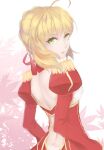  1girl ahoge back_cutout blonde_hair clothing_cutout epaulettes expressionless fate/extra fate/grand_order fate_(series) from_behind from_side green_eyes hair_between_eyes juliet_sleeves long_sleeves looking_at_viewer nero_claudius_(fate) nero_claudius_(fate)_(all) puffy_sleeves red_ribbon ribbon shoulder_blades solo white_background wkna_(670139982) 
