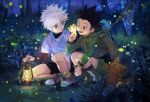  2boys :o black_hair blue_eyes blurry bokeh boots brown_eyes bug butterfly_net creature depth_of_field fireflies forest full_body glowing gon_freecss green_jacket hand_net hand_up hat holding hunter_x_hunter insect jacket killua_zoldyck lantern male_focus multiple_boys nature night open_mouth plant scenery shirt short_hair shorts smile spiky_hair squatting tree tree_branch white_background white_shirt yud79317724 