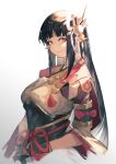  1girl absurdres bangs black_hair blunt_bangs breasts eyeshadow gloves hair_ornament highres hinoa japanese_clothes kimono kkj25 long_hair looking_at_viewer makeup monster_hunter_(series) monster_hunter_rise pointy_hair red_eyeshadow simple_background smile solo white_background yellow_eyes 