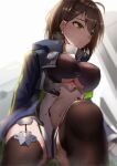  1girl ahoge azur_lane backlighting baltimore_(azur_lane) bangs black_legwear blue_coat blurry blush braid breasts brown_hair center_opening check_commentary closed_mouth clothing_cutout coat commentary_request covered_nipples cowboy_shot eyebrows_visible_through_hair french_braid garter_straps gloves hair_between_eyes highres hood hood_down hooded_coat impossible_clothes large_breasts lodbyy long_sleeves looking_to_the_side multicolored_coat navel number open_clothes open_coat pelvic_curtain rigging short_hair sidelocks simple_background sitting skindentation solo steam stomach_cutout sweat thigh-highs under_boob underboob_cutout visor_(armor) white_background yellow_eyes zipper 