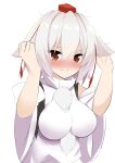  1girl 9150namihana absurdres animal_ears bangs bare_shoulders blush breasts closed_mouth highres inubashiri_momiji looking_at_viewer red_eyes shirt short_hair simple_background solo touhou white_background white_hair white_shirt white_sleeves wolf_ears wolf_girl 