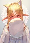  1girl animal_ear_fluff animal_ears bangs beret blonde_hair blush braid cat_ears commentary_request embarrassed eyebrows_visible_through_hair french_braid hat highres holding holding_clothes holding_hat hololive kemonomimi_mode long_hair long_sleeves looking_at_viewer multicolored_hair pointy_ears red_eyes sakumichi shiranui_flare solo streaked_hair virtual_youtuber white_headwear 