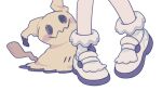  1boy allister_(pokemon) commentary_request creature gen_7_pokemon male_focus mimikyu pigeon-toed pokemon pokemon_(creature) pokemon_(game) pokemon_swsh shiroimoufu shoes simple_background standing white_background white_footwear 