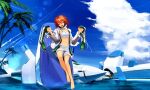  1girl alf874 astelion barefoot boots boots_removed clouds cross-laced_footwear day highres holding holding_shoes ibis_douglas knee_boots lace-up_boots mecha midriff ocean palm_tree redhead science_fiction shoes shorts sky solo super_robot_wars tree 