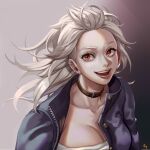  1girl blonde_hair breasts dorohedoro earrings highres hy_(hungyu) jacket jewelry large_breasts long_hair looking_at_viewer muscular muscular_female noi_(dorohedoro) open_mouth red_eyes simple_background smile solo white_hair 
