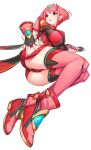  1girl absurdres armor ass bangs black_gloves breasts commentary_request earrings eyebrows_visible_through_hair fingerless_gloves foreshortening gloves gold_trim green322 hand_on_thigh highres jewelry large_breasts legs legs_together looking_to_the_side lying on_side open_mouth pyra_(xenoblade) red_eyes red_footwear red_legwear red_shorts redhead shadow shiny shiny_clothes short_hair short_shorts shorts shoulder_armor sidelocks simple_background solo swept_bangs thigh-highs thighs tiara white_background xenoblade_chronicles_(series) xenoblade_chronicles_2 