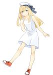  1girl bangs blonde_hair blue_eyes closed_mouth collarbone commentary_request dress fate_(series) flower foot_up full_body grey_flower hand_up hat hat_flower highres long_hair lord_el-melloi_ii_case_files red_footwear reines_el-melloi_archisorte satou_usuzuku shoes simple_background smile sneakers solo tilted_headwear white_background white_headwear 