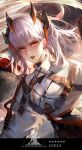  1girl arknights artist_name bangs clothing_request commentary commentary_request copyright english_text horns long_hair long_sleeves looking_at_viewer open_mouth orange_eyes puffy_sleeves rhodes_island_logo saria_(arknights) solo tongue train_hb v-shaped_eyebrows white_hair 