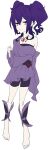  1girl asrbpy bags_under_eyes barefoot dress flat_color full_body gem gen_1_pokemon gen_2_pokemon gengar hair_between_eyes hand_up highres jewelry looking_at_viewer necklace off_shoulder personification pokemon purple_dress purple_hair red_eyes sidelocks simple_background two_side_up white_background 