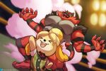  &gt;_&lt; 1girl animal_crossing arm_up blurry blurry_background blush_stickers buttons claws collared_shirt colored_sclera commentary crossover english_commentary fire gen_7_pokemon green_eyes green_vest hands_up happy incineroar isabelle_(animal_crossing) jimsdaydreams light neck_ribbon open_mouth pokemon pokemon_(creature) red_ribbon ribbon sharp_teeth shirt short_sleeves smile smoke standing super_smash_bros. teeth toes tongue twitter_logo twitter_username vest watermark web_address white_shirt yellow_sclera 