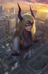  1girl artist_name blonde_hair boku_no_hero_academia building city closed_mouth clouds cloudy_sky commentary giant giantess grass highres jumpsuit looking_at_viewer mask mount_lady mshen pavement red_eyes road sky skyline solo standing sun sunset superhero tagme 