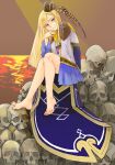  1girl alternate_costume arched_back bangs bare_legs barefoot blonde_hair blue_eyes blunt_bangs brown_headwear commentary_request fate/grand_order fate_(series) feet full_body hand_on_own_chin hand_up highres long_hair long_sleeves looking_at_viewer red_nails reines_el-melloi_archisorte royal_robe satou_usuzuku sitting skull smile solo throne toenail_polish 