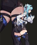  1girl ass black_background blue_hair blush bodystocking breasts close-up eula_(genshin_impact) genshin_impact gloves hair_ornament half-closed_eyes large_breasts long_sleeves open_mouth ryofu_(pixiv12347507) simple_background skindentation solo thick_thighs thigh-highs thighs 