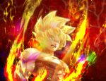  1boy abs artist_name aura blonde_hair commentary dragon_ball dragon_ball_z electricity furrowed_eyebrows green_eyes male_focus muscular muscular_male nipples no_pupils open_mouth pectorals red_background sanpaku scratches solo_focus son_goku sparkle spiky_hair super_saiyan symbol_commentary tarutobi twitter_username upper_body 