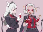  2girls belt black_belt black_jacket black_neckwear black_pants black_suit blush blush_stickers breasts clenched_hand collared_shirt commentary crossed_arms cup demon_horns demon_tail dress_shirt drinking_glass english_commentary fangs fingerless_gloves formal gloves hair_bun hairband helltaker highres holding holding_cup horns jacket jacket_on_shoulders justice_(helltaker) light_smile long_hair looking_at_another looking_down low-tied_long_hair lucifer_(helltaker) medium_breasts mixed-language_commentary multiple_girls necktie no_eyewear open_clothes open_jacket open_mouth pant_suit pants purple_background red_eyes red_gloves red_shirt shirt shirt_tucked_in shishima_eichi short_hair silver_hair simple_background smile sparkle spiked_hairband spikes suit tail teeth upper_body white_gloves wine_glass wing_collar 